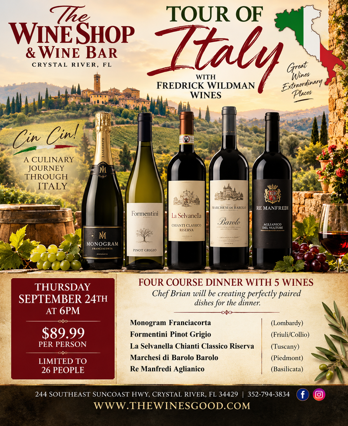 Tour of Italy Wine Dinner September 24th