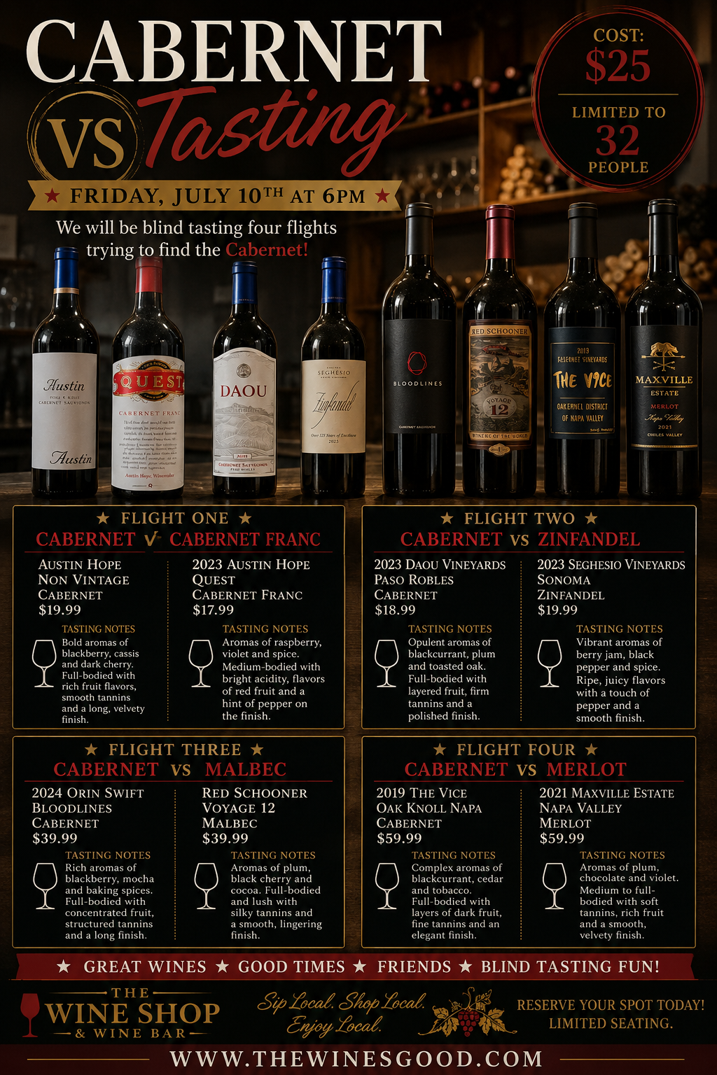 Cabernet Vs Blind Tasting July 10th at 6pm