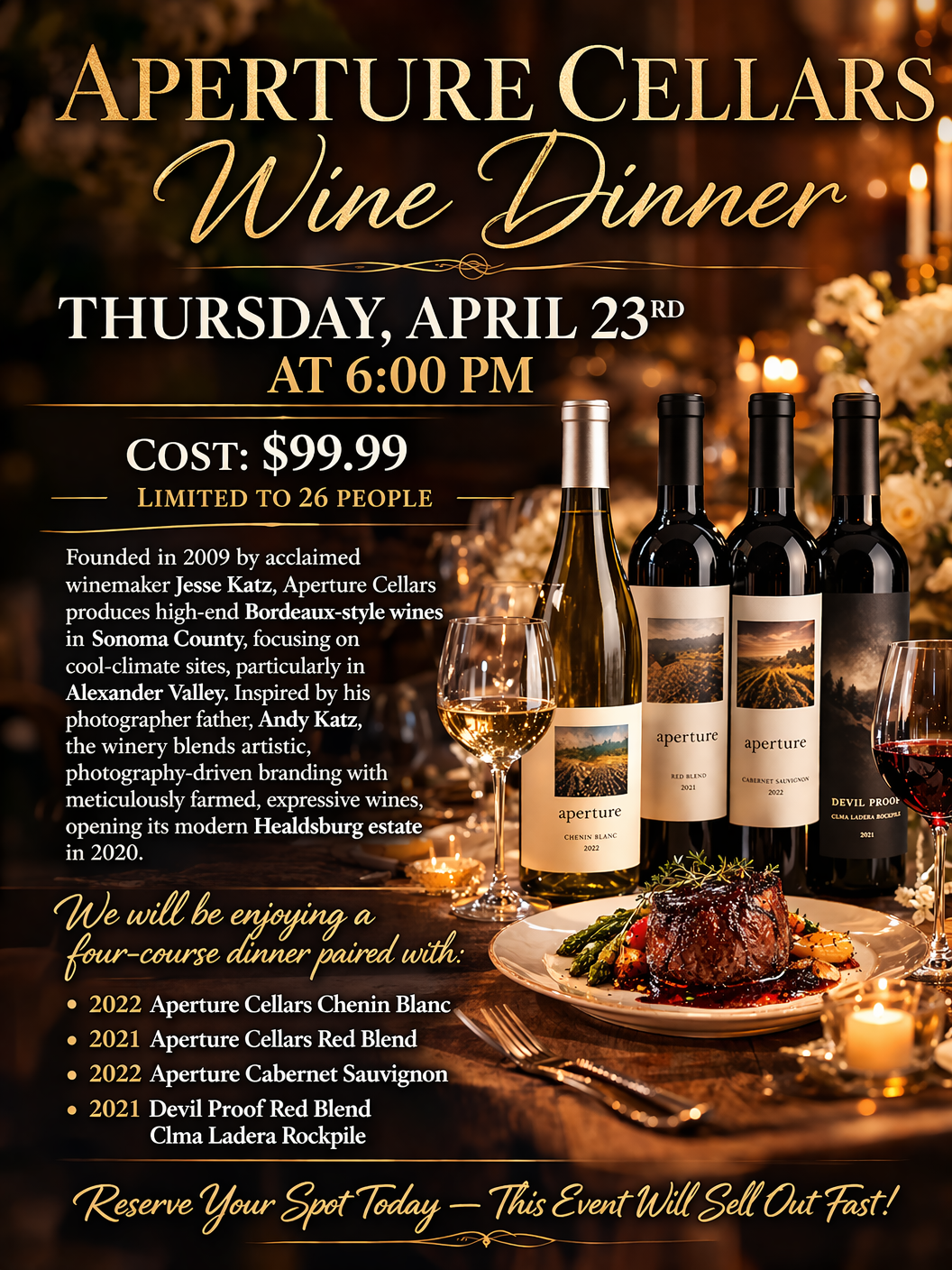 Cena con vinos Aperture jueves 23 de abril a las 18:00