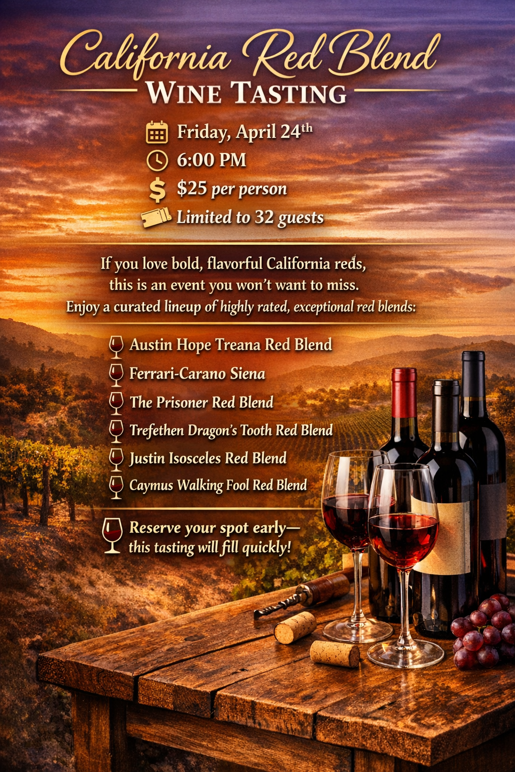 California Red Blend Wine Tasting April 24th