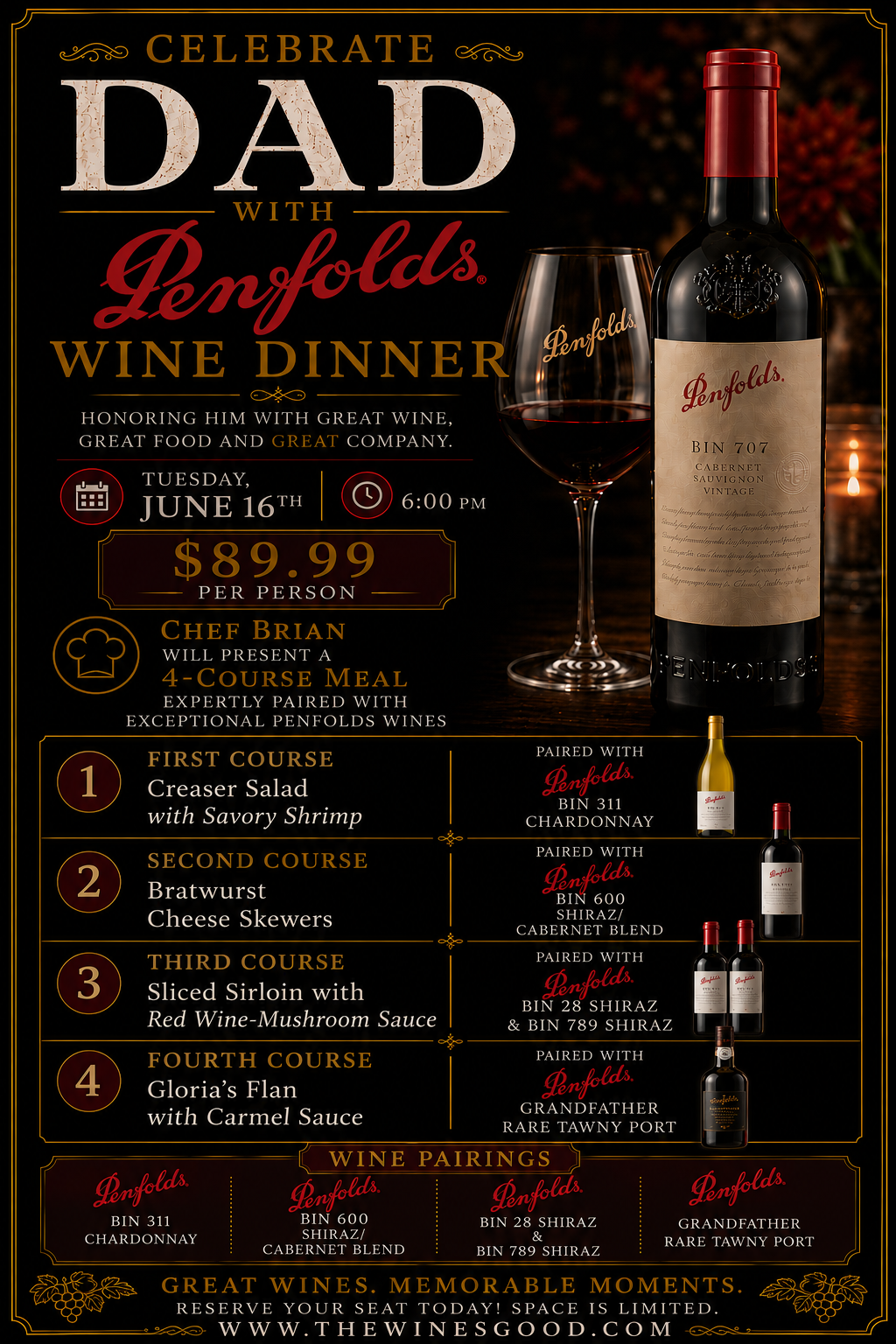 Celebrate Dad with Penfolds Wine Dinner Tuesday June 16th @6pm
