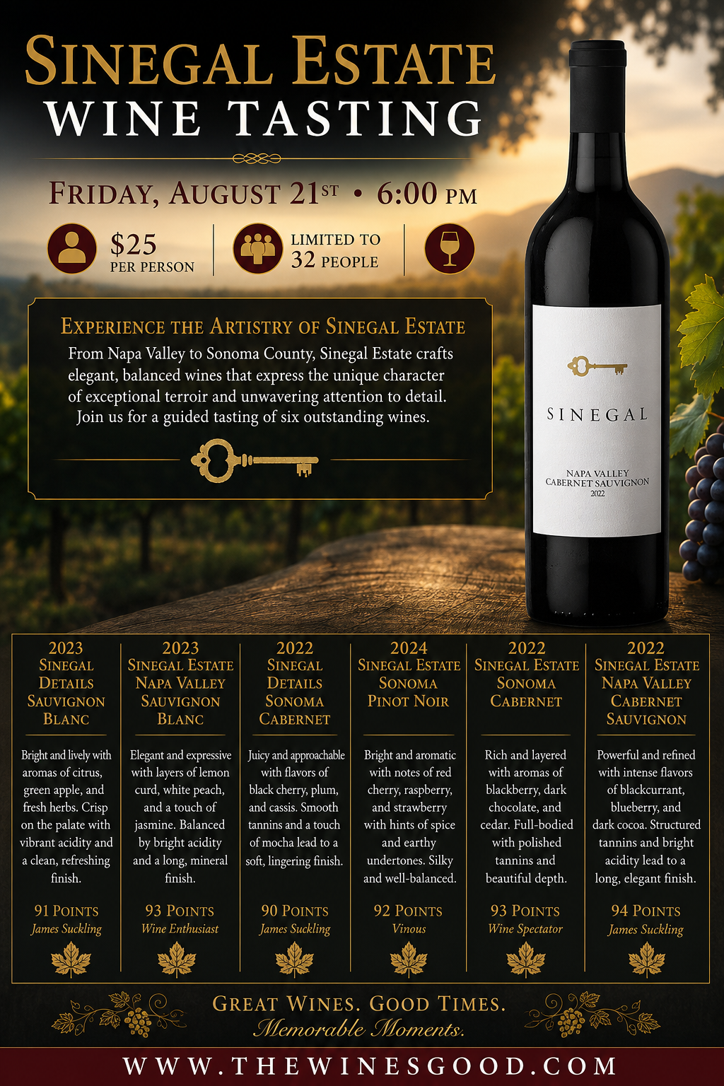 Sinegal Estate Wine Tasting Friday August 21st at 6pm