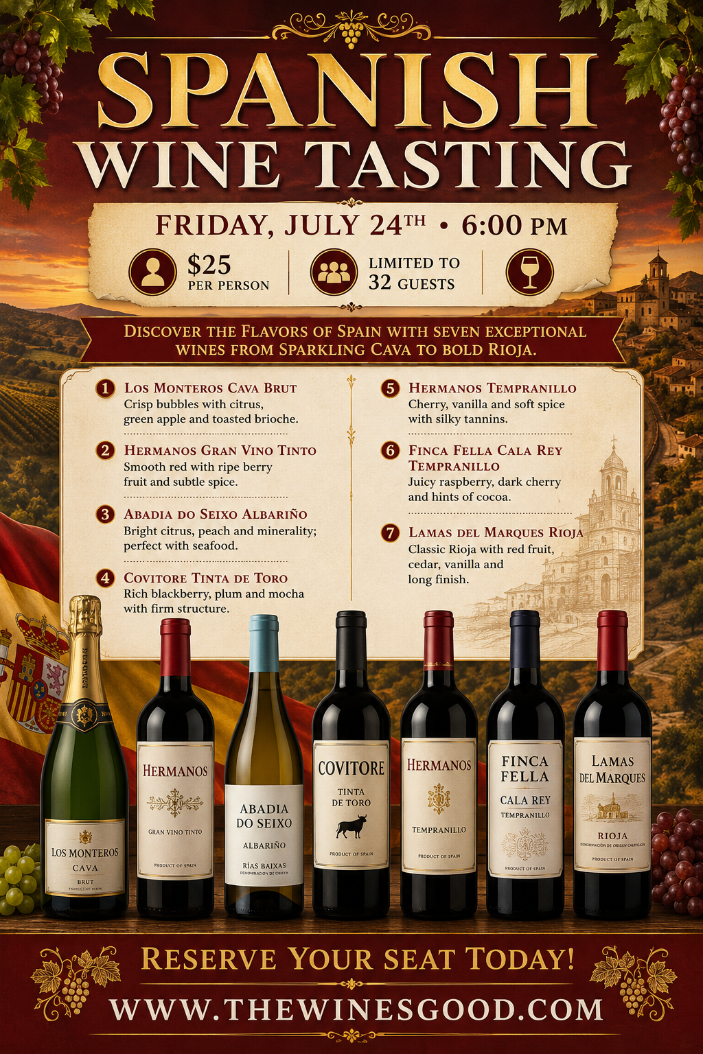 Spanish Wine Tasting Friday July 24th at 6pm