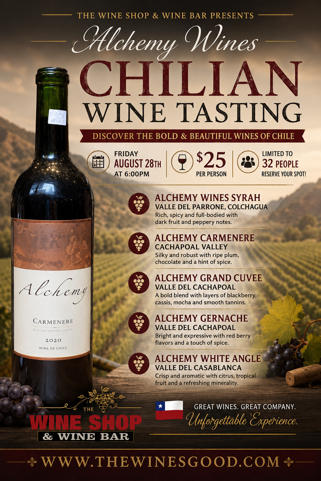 Alchemy Wines Chilian Wine Tasting August 28th @ 6pm