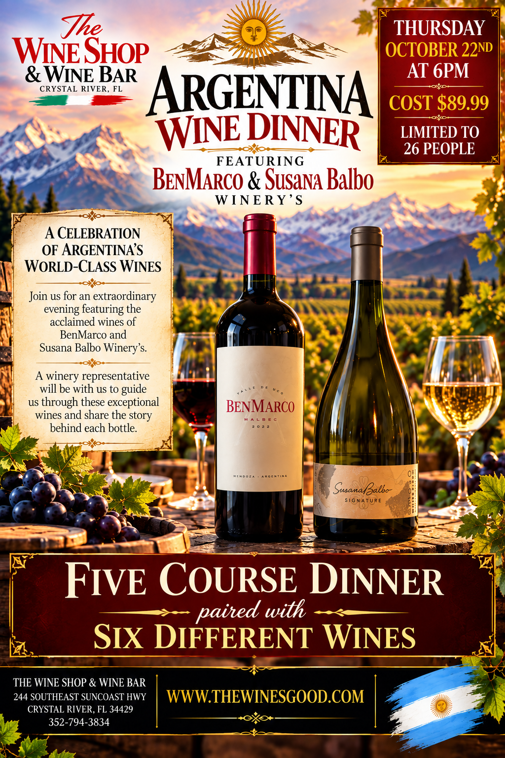 Argentina Wine Dinner Oct 22nd