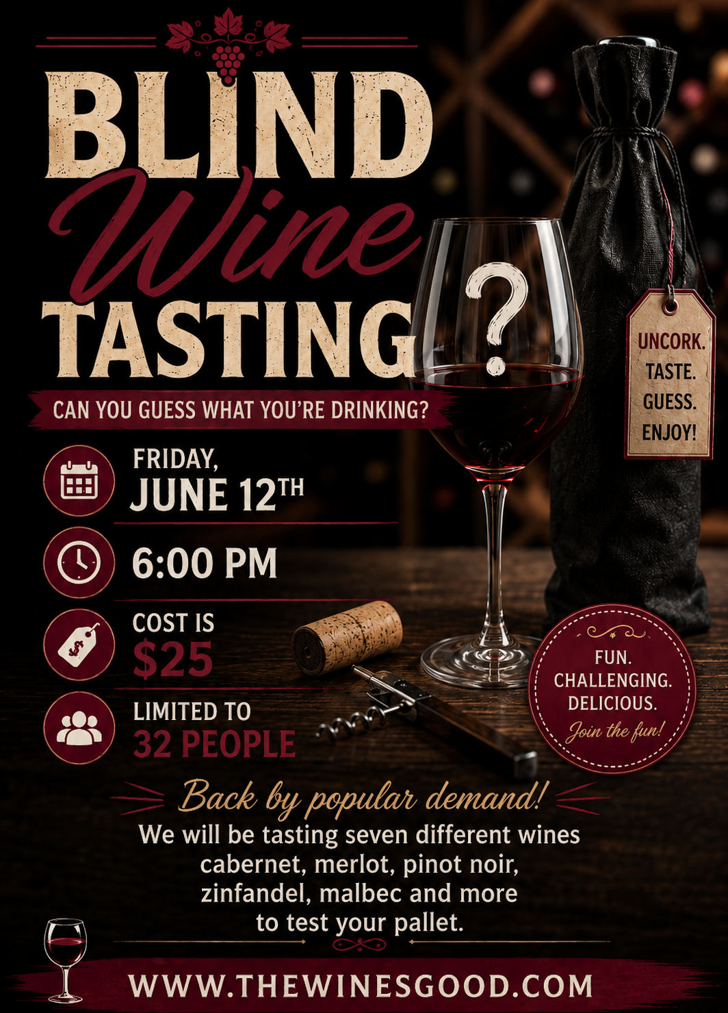 Cata de Vinos a Ciegas Viernes 12 de Junio a las 6pm