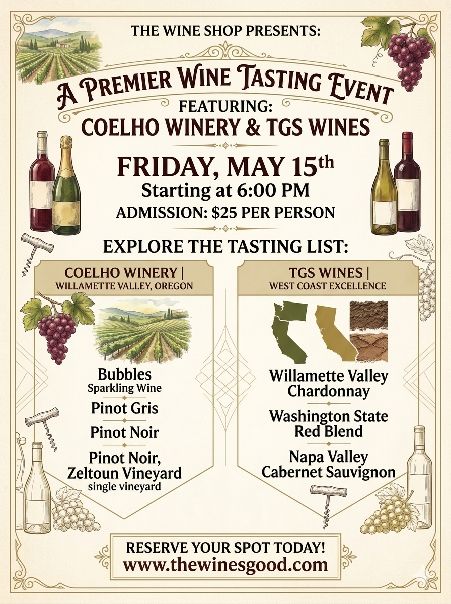 Cata de Vinos Coelho & TGS Wines viernes 15 de mayo a las 6pm
