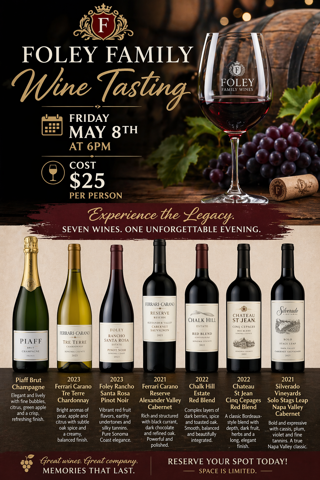Foley Family Wine Tasting Friday May 8th at 6pm