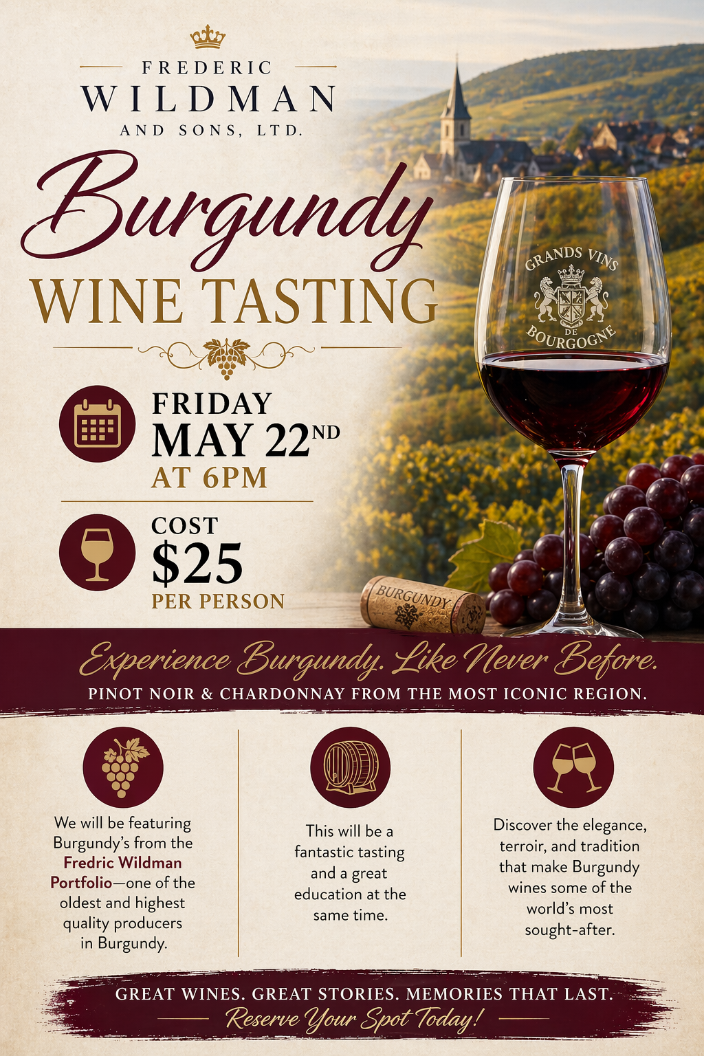 Fredric Wildman Burgundy Wine Tasting Friday May 22nd at 6pm