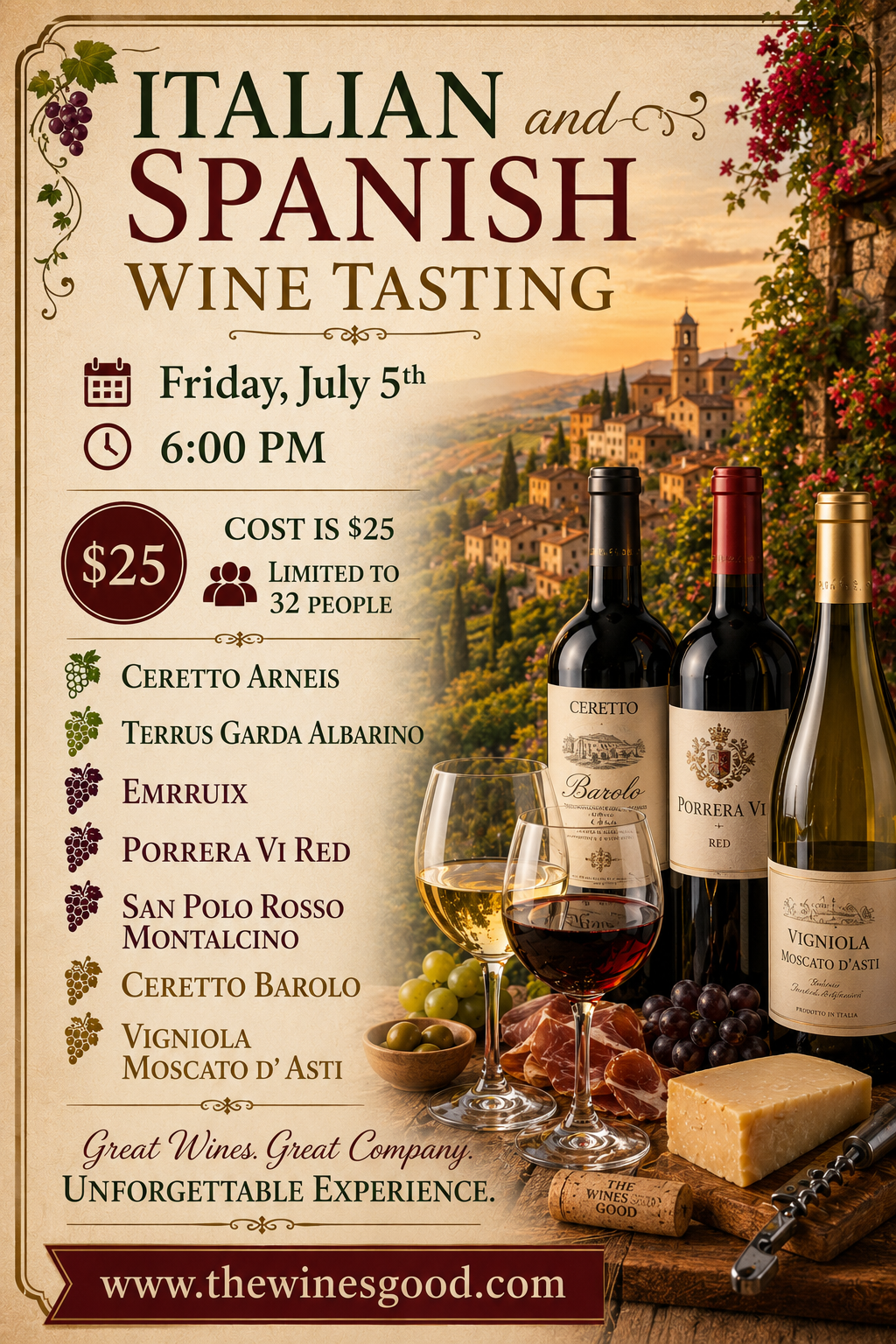 Italian Spanish Wine Tasting Friday June 5th @ 6pm