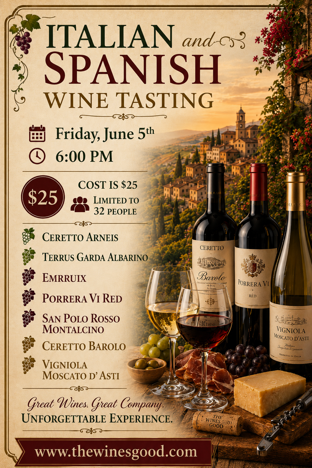 Cata de Vinos Italianos y Españoles Viernes 5 de Junio a las 6pm