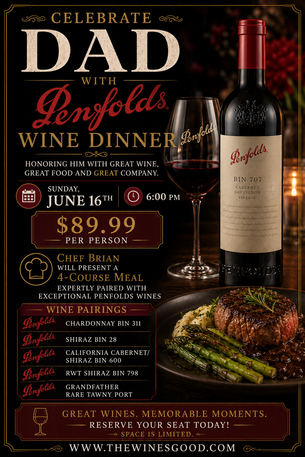 Celebrate Dad with Penfolds Wine Dinner Tuesday June 16th @6pm