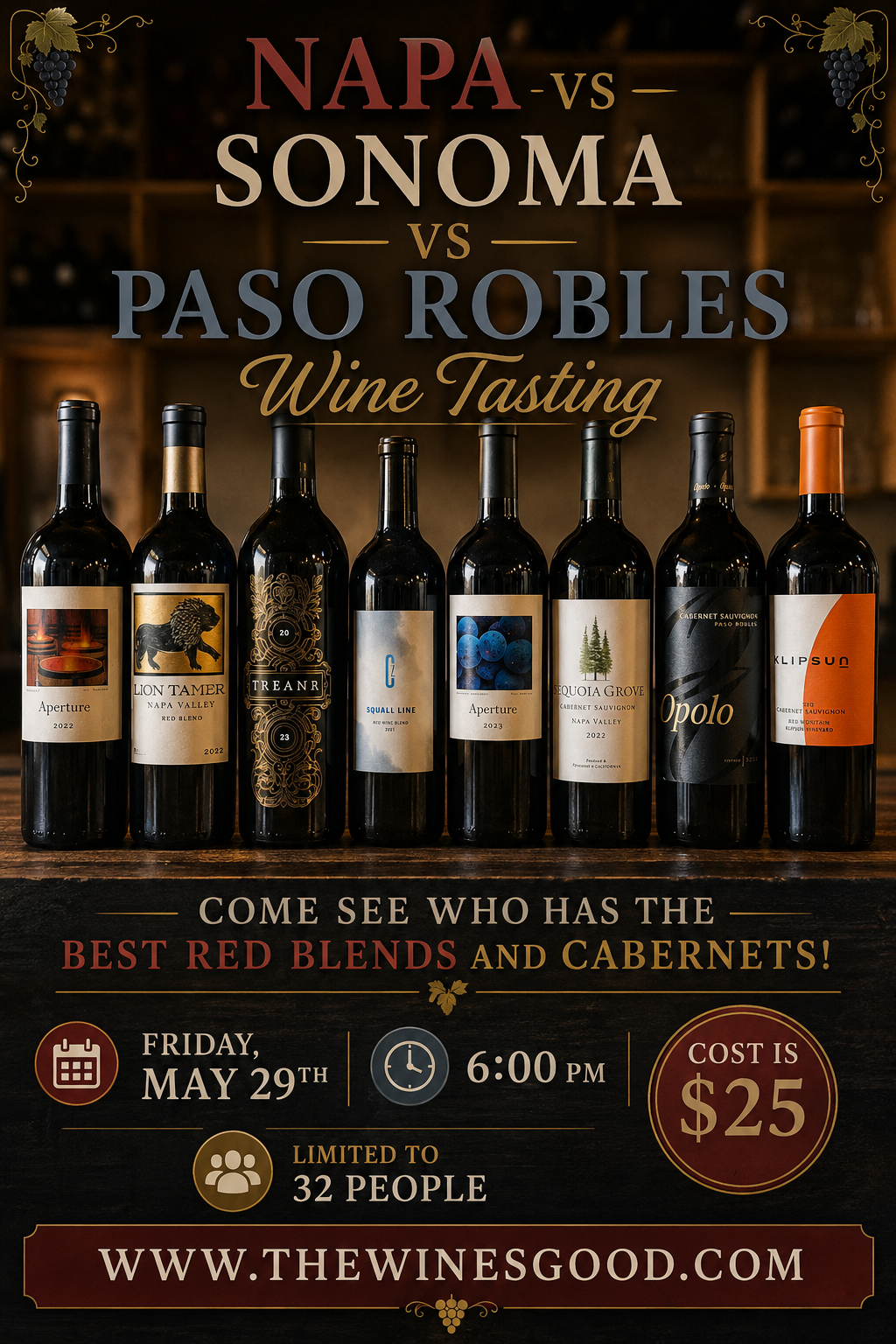 Cata de mezclas tintas y Cabernet de Napa vs Sonoma vs Paso Robles el viernes 29 de mayo a las 6 p. m.